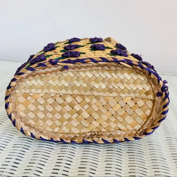 Imported artisan Natural straw bucket bag purple flowers lined - Picture 7 of 8